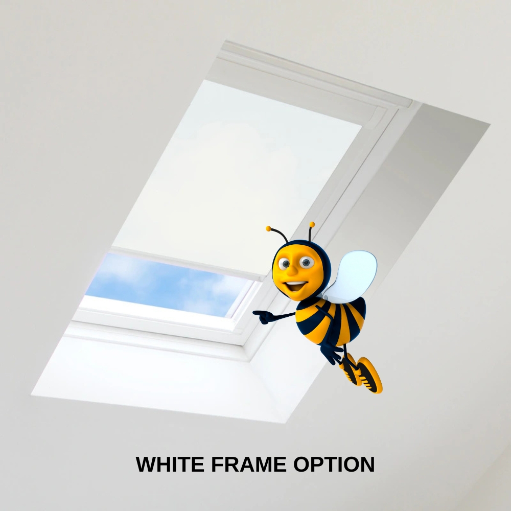 Promotional image showcasing a sleek white skylight blind with the white frame option, blending seamlessly with modern interiors. The cheerful Bizzy Blinds bee mascot highlights the stylish and practical design, perfect for creating a bright and clean aesthetic in any room.