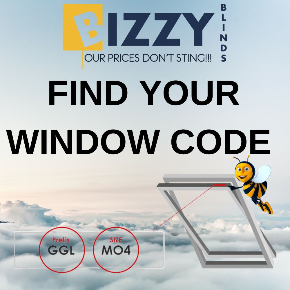 Bizzy Blinds promotional graphic highlighting the ease of finding your skylight window code. Featuring the cheerful bee mascot, the image demonstrates where to locate the window code, including the prefix (e.g., GGL) and size (e.g., M04). Simplify your blind selection process with Bizzy Blinds—'Our Prices Don’t Sting!'
