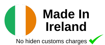 Made in Ireland graphic with Irish flag and checkmark indicating no hidden customs charges