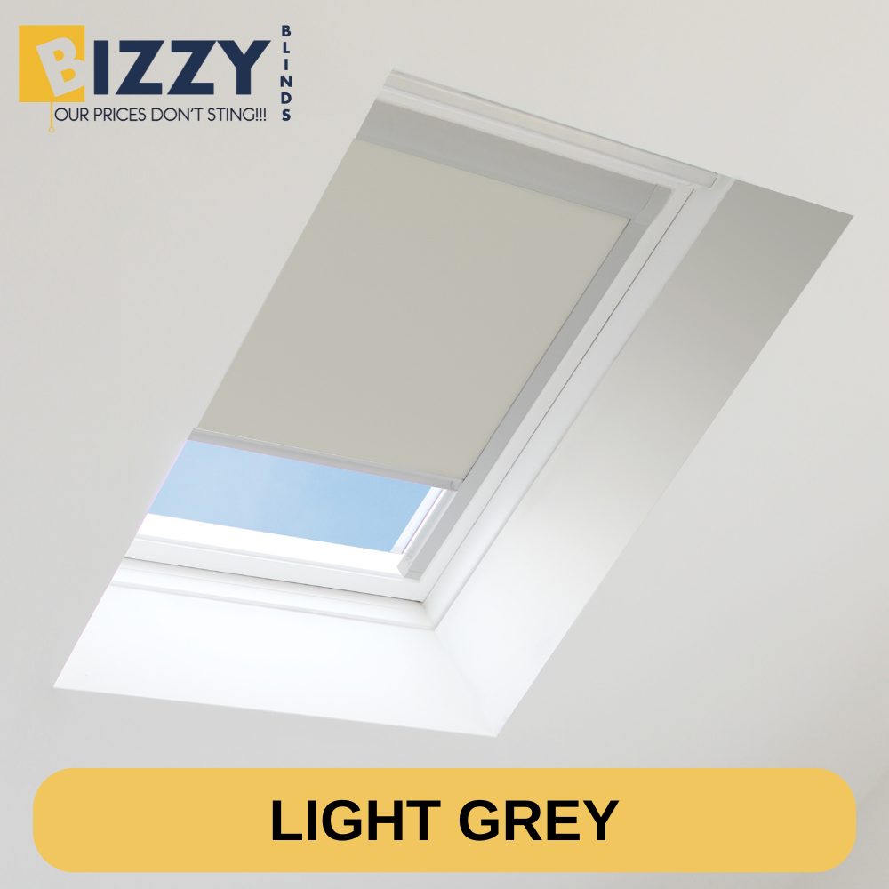 Image of a light grey skylight blind by bizzy blinds, Velux, Fakro, Keylite